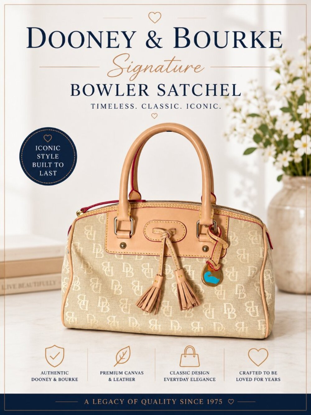 Dooney & Bourke Beige DB Monogram Canvas Bowler Satchel Leather Tassel Charm Bag